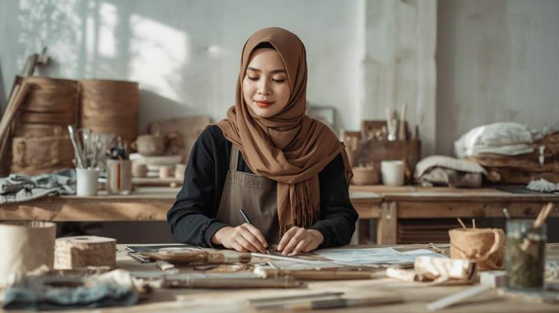 Perempuan kreatif sedang membuat produk daur ulang ramah lingkungan di ruang kerja minimalis.