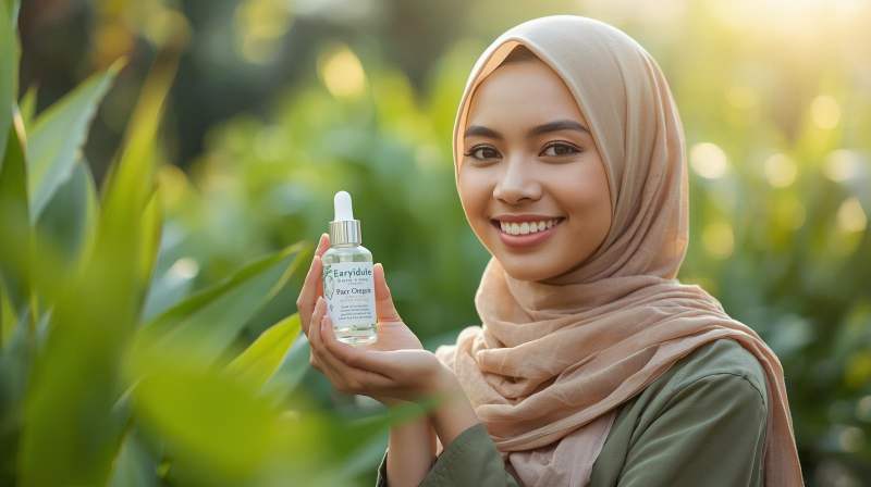 Seorang perempuan memegang botol skincare kaca sambil tersenyum di taman hijau, melambangkan kecantikan alami dan kepedulian lingkungan