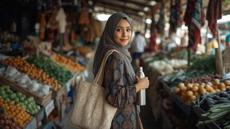 Perempuan membawa tas belanja kain di pasar tradisional sebagai contoh kebiasaan ramah lingkungan.