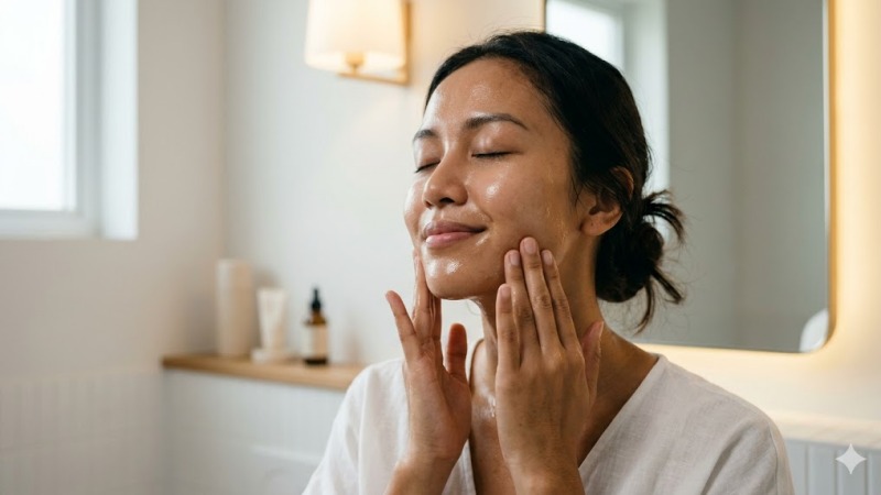 Mengaplikasikan produk pelumas sambil merasakan manfaat facial massage untuk relaksasi.
