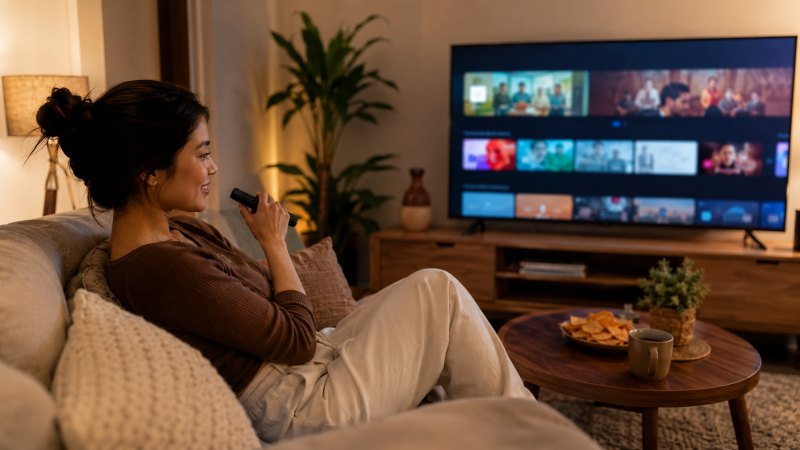 Pengguna menikmati layanan streaming Vidio di rumah melalui perangkat digital.