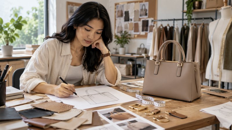 Pemilik brand meninjau sketsa tas wanita bersama contoh tas dan sampel bahan