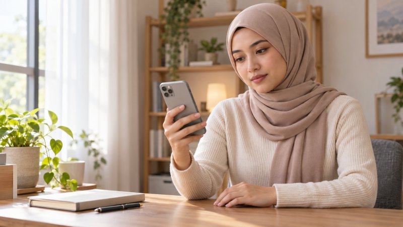 Perempuan berhijab melihat ponsel di meja dengan buku catatan dan pena.